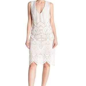 ABS Dress Size 12 White & Nude Lace Overlay V Neck Scalloped Hem Sleeveless